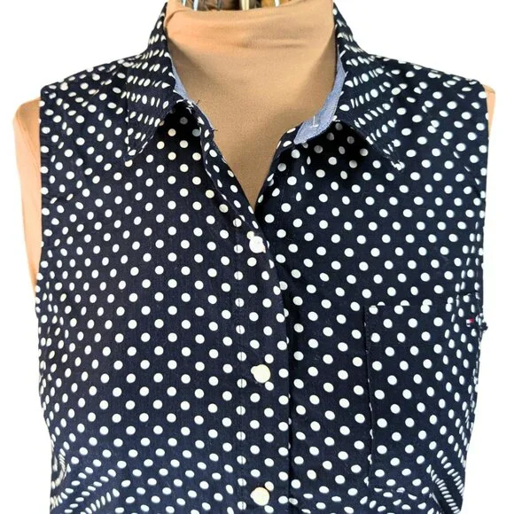 Tommy Hilfiger Large Blue & While Polka Dot Sleeveless Button Blouse - Picture 3 of 7